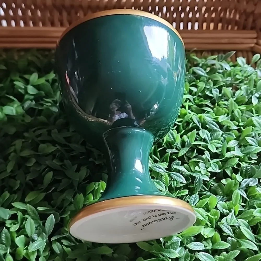 Vintage 1978 Fitz & Floyd Renaissance Dark Green & Gold Tone Trim Goblet Cup